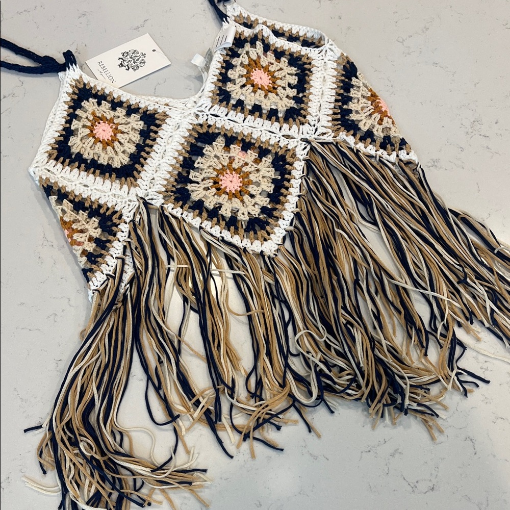 Rebellion Crochet Fringe Top - Black, White, Tan